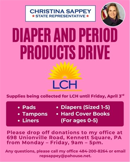Flyer for Rep. Sappey Diaper & Period Products Event