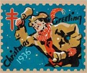 Image of an old Christmas stamp, promoting an art exhibit 